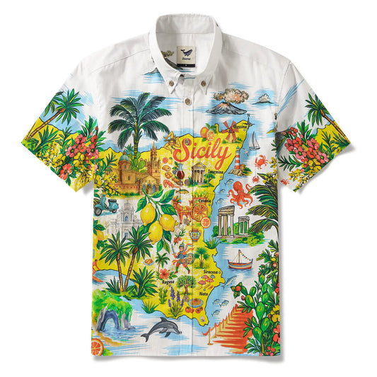 Men's Hawaiian Shirt Short Sleeve Button-down 100% Cotton Blue Aloha Sicilian Coast