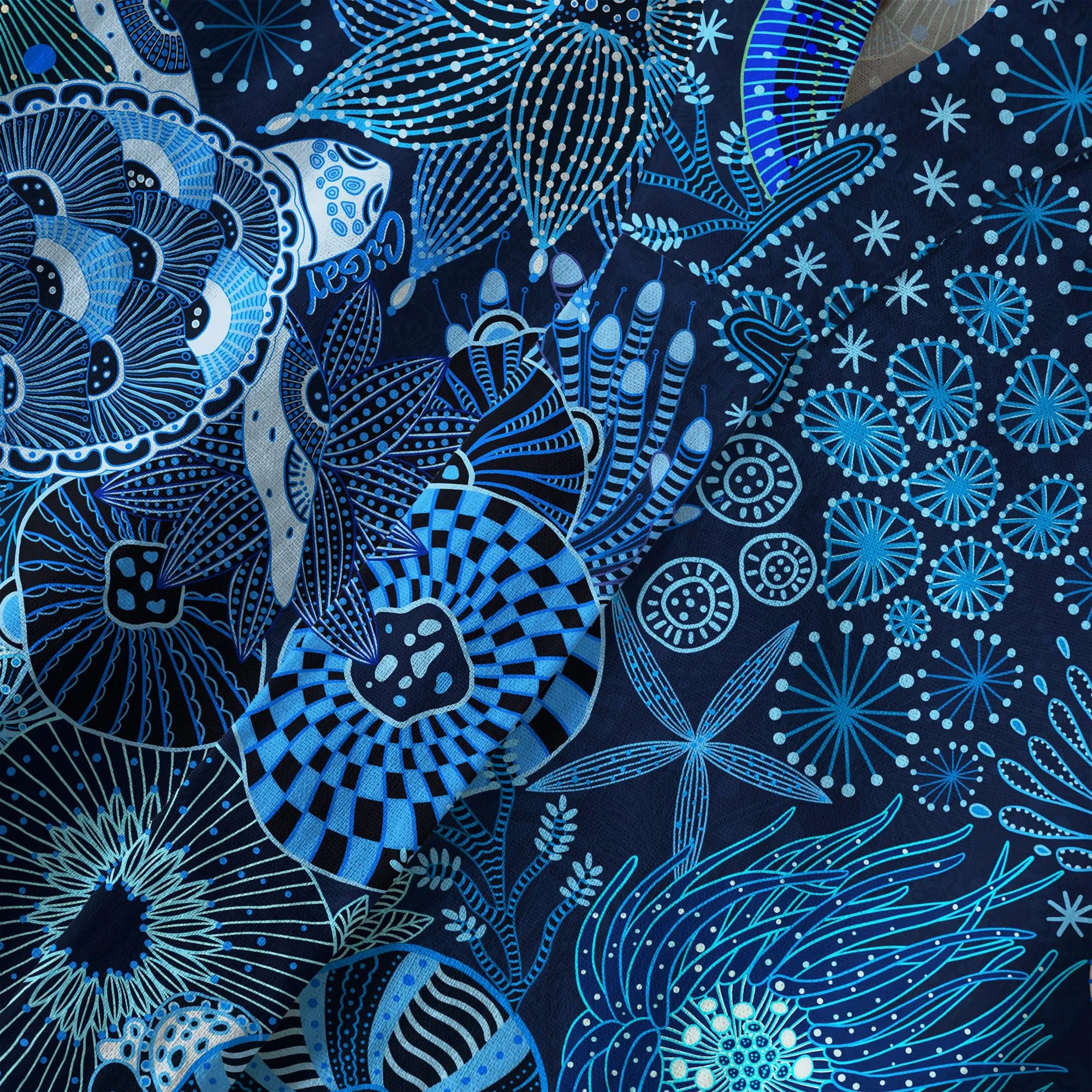 Art-inspired blue blouse with sea turtle and coral