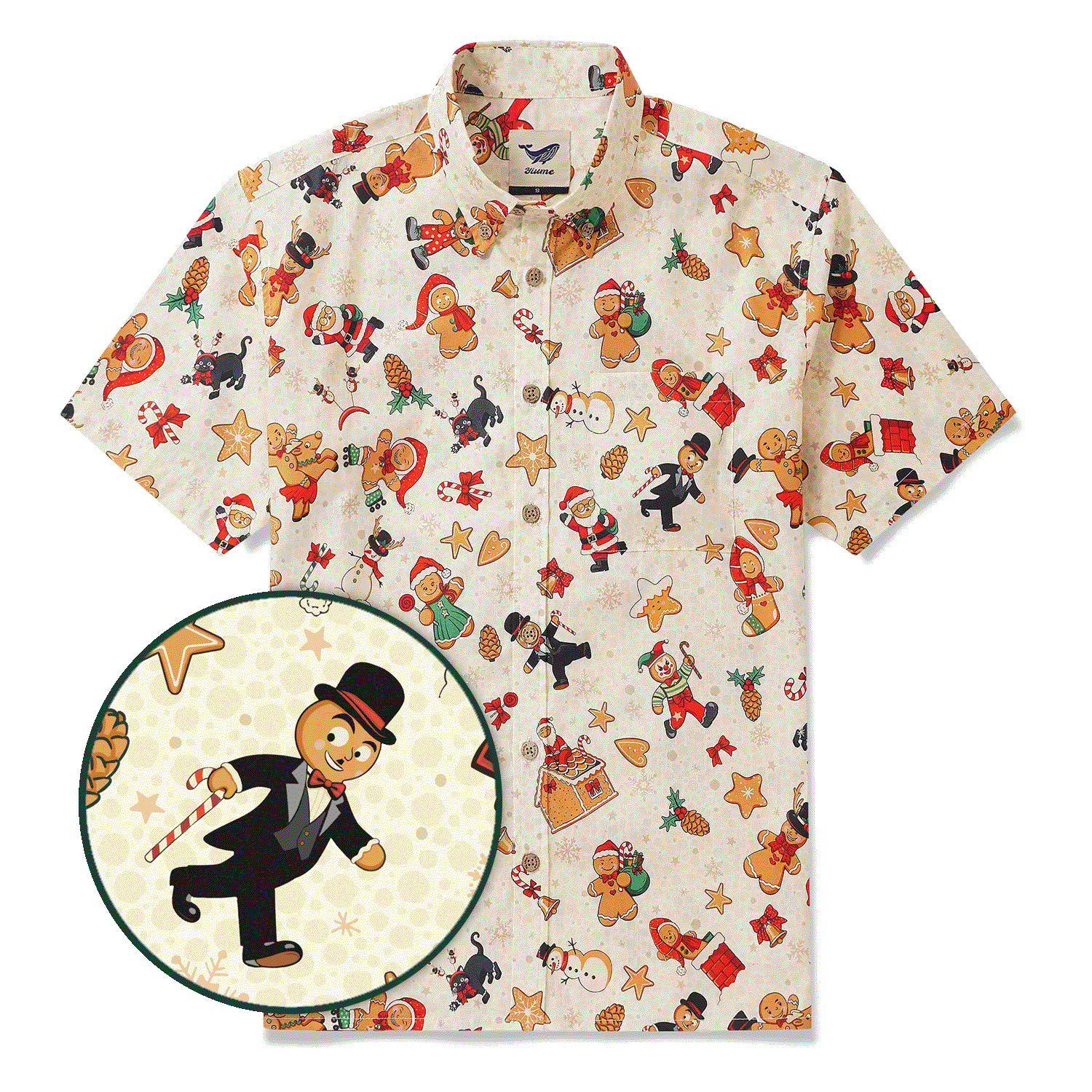 Men's Hawaiian Shirt Short Sleeve Button-down 100% Cotton Beige Aloha Gingerbread Christmas Carnival