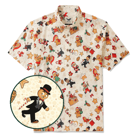 Men's Hawaiian Shirt Short Sleeve Button-down 100% Cotton Beige Aloha Gingerbread Christmas Carnival
