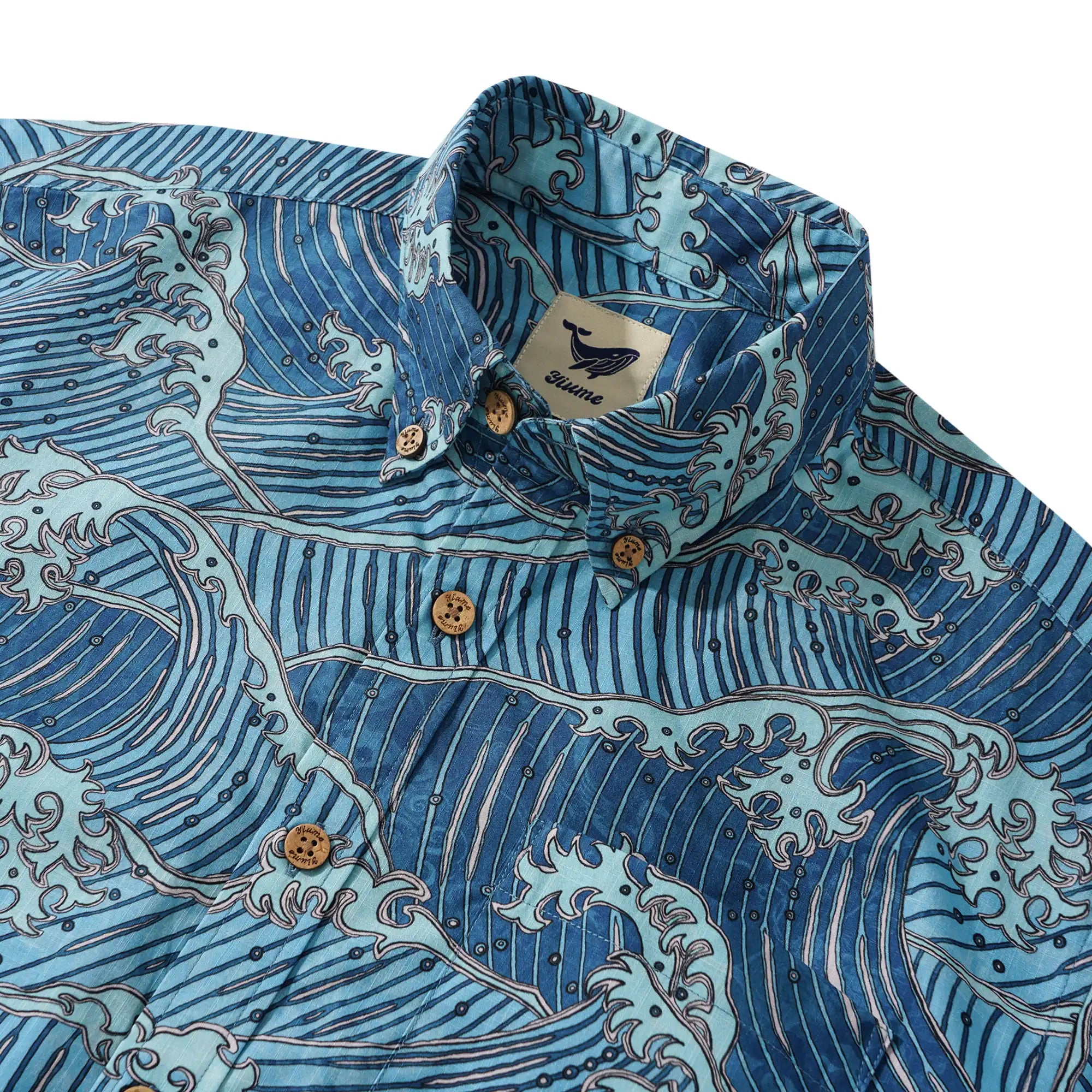 Men's Hawaiian Shirt Short Sleeve Button-down 100% Cotton Blue Aloha Surging Waves Of Ukiyo-e