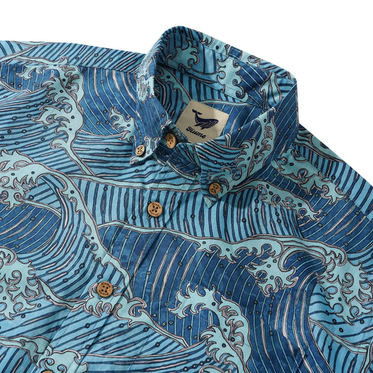 Men's Hawaiian Shirt Short Sleeve Button-down 100% Cotton Blue Aloha Surging Waves Of Ukiyo-e