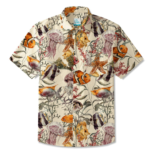LeosWare® Men's Hawaiian Shirt Short Sleeve Button-up 100% Cotton Beige Aloha Oceanic Realm