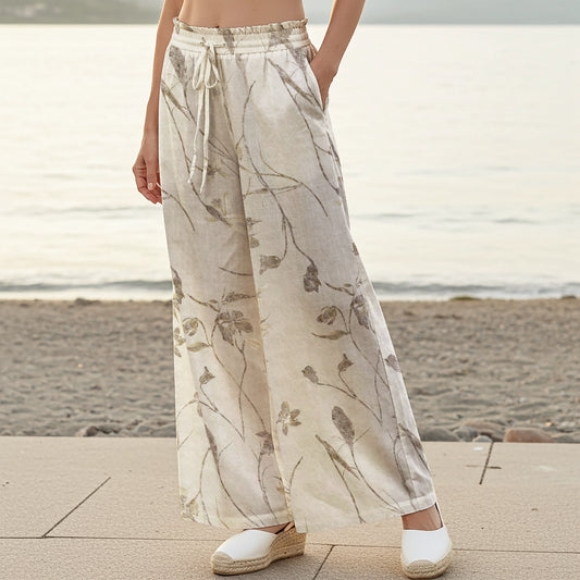 Women Casual Pants Lounge Elastic Waist Drawstring with Pockets 100% Cotton Green Aloha Elegant Soft Florals