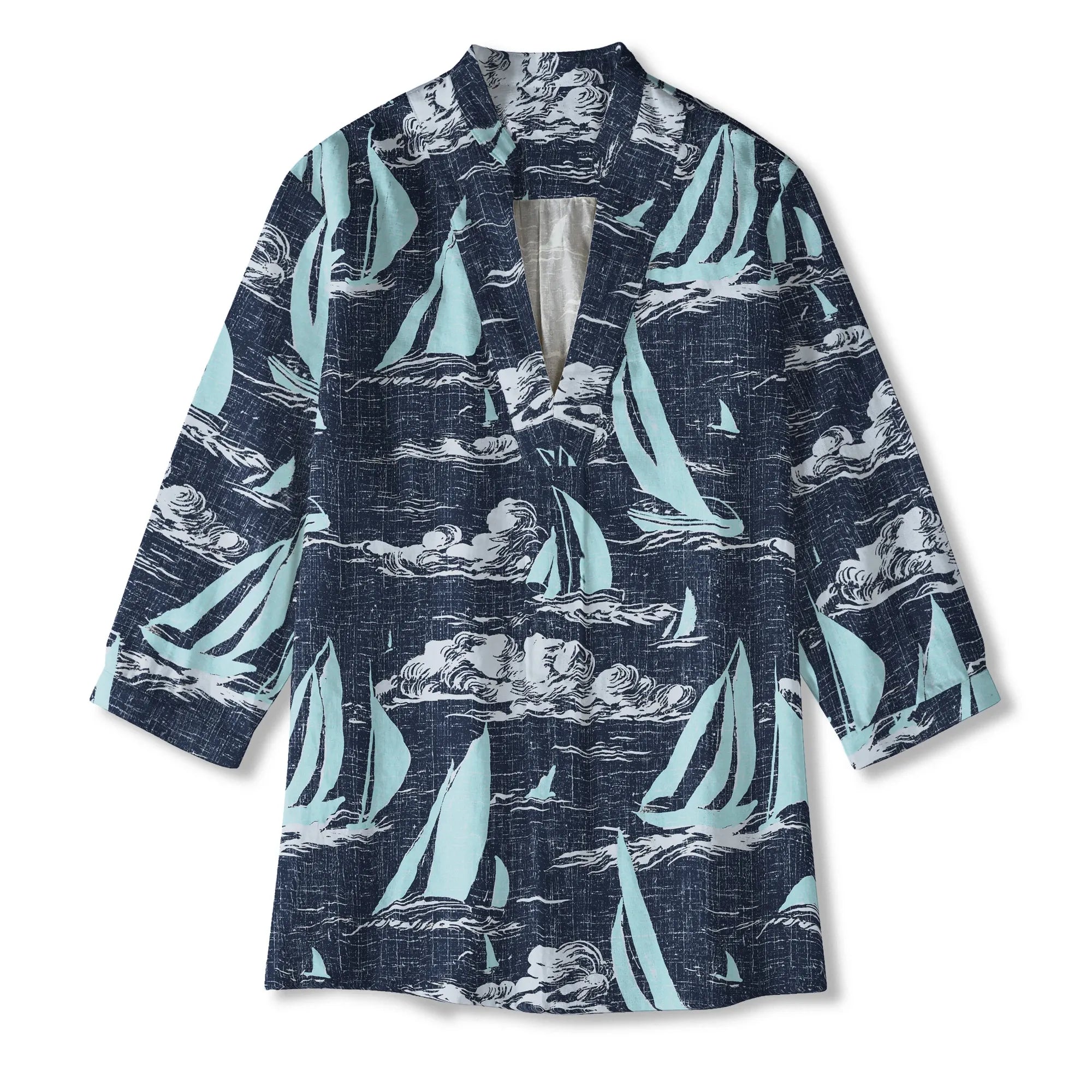 Sailboat art shirt, women's blue blouse, V-neck