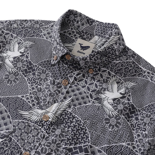 Close-up of Gray Crane Shirt's hand-painted print