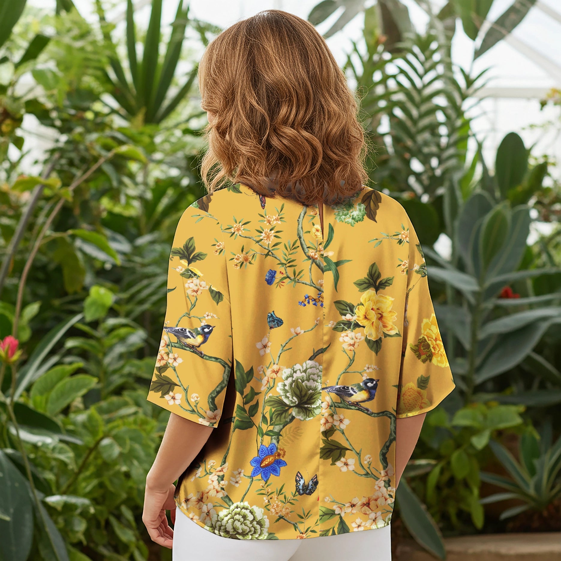 Women Casual Blouse Elbow Sleeve Crew Neck Button-Back 100% Lyocell Yellow Aloha Turmeric Courtyard Blossom