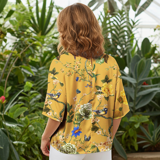 Women Casual Blouse Elbow Sleeve Crew Neck Button-Back 100% Lyocell Yellow Aloha Turmeric Courtyard Blossom