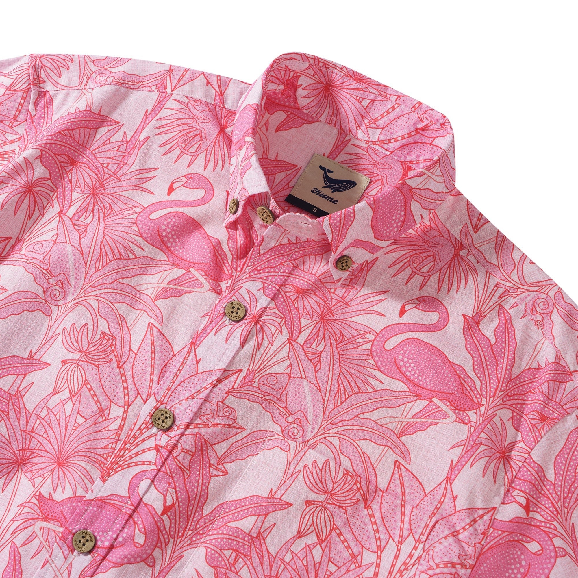 Chemise hawaïenne rose pour homme avec flamants roses, 100 % coton, à manches courtes, à boutons.
