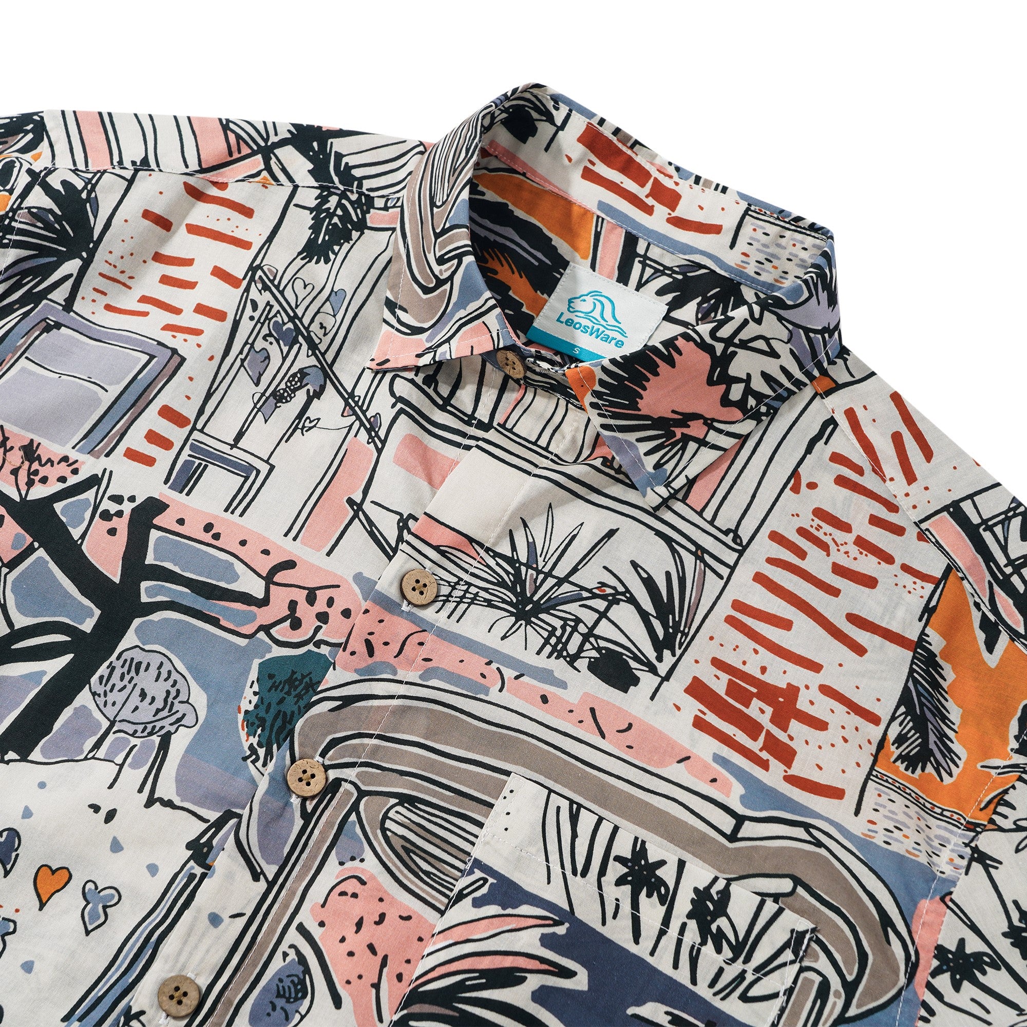 LeosWare® Men's Hawaiian Shirt Short Sleeve Button-up 100% Cotton Blue Aloha Tropical Paradise Getaway