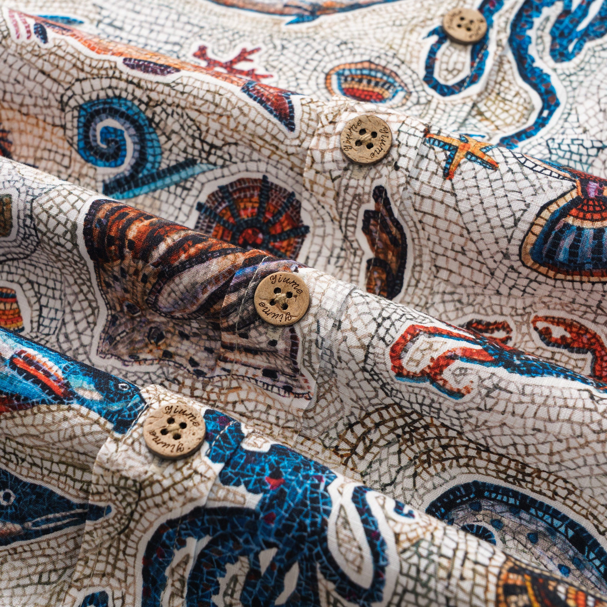 Men's Hawaiian Shirt Short Sleeve Button-down 100% Cotton Beige Aloha Seaside Mosaic