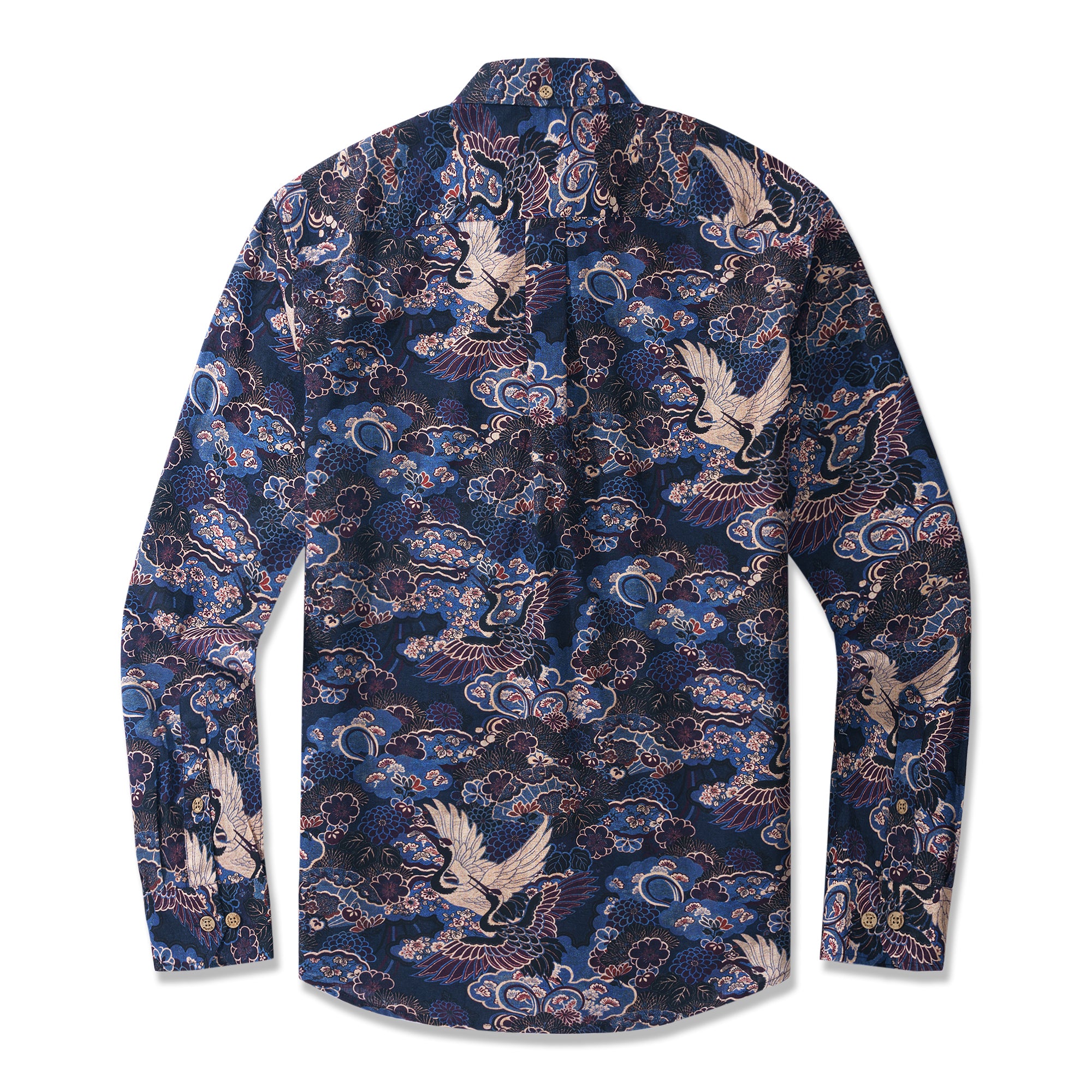 Chemise à manches longues à boutons Aloha hawaïenne pour homme en 100 % coton, couleur bleu nuit Crane Reverie