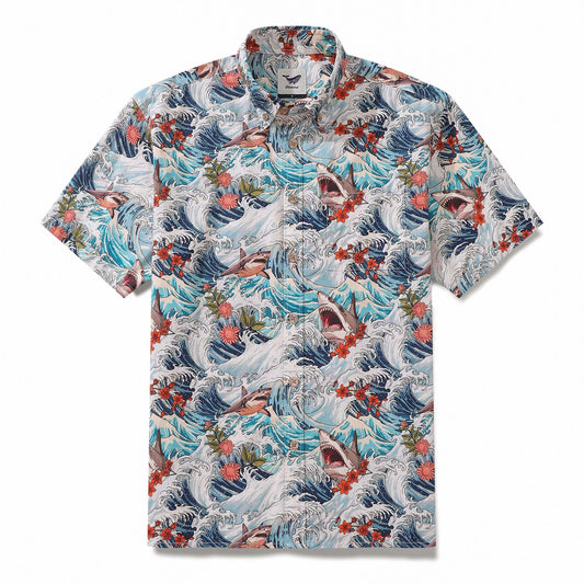 Men's Hawaiian shirt with shark and wave print, short sleeve