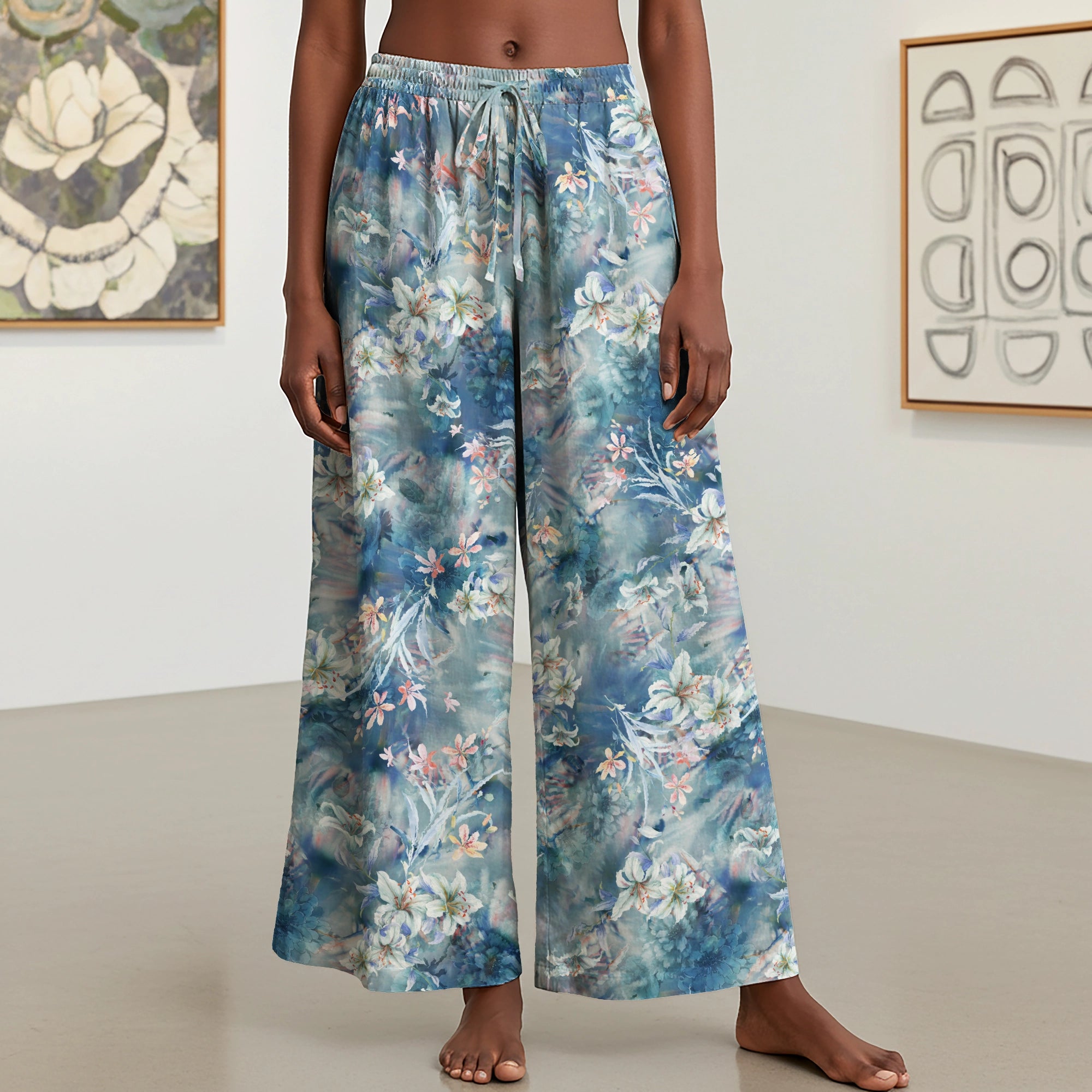 Women Casual Ankle Pants Lounge Elastic Waist with Pockets 93% Lyocell, 7% Linen Blue Aloha Floral Whispers In The Mist