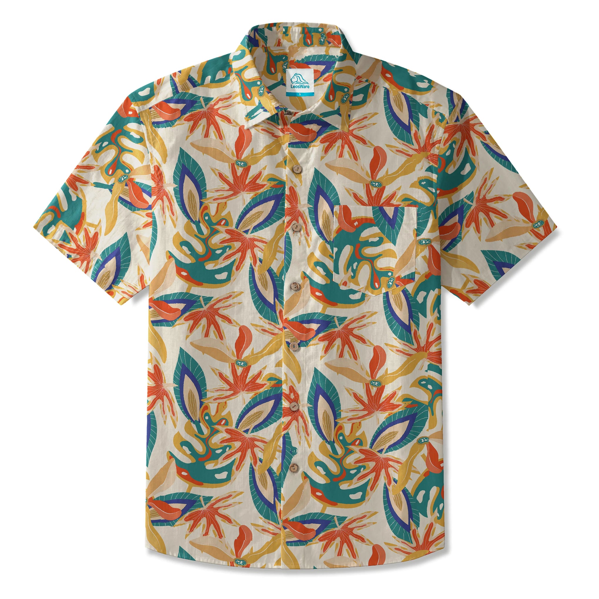 LeosWare® Men's Hawaiian Shirt Short Sleeve Button-up 100% Cotton Red Aloha Bohemian Jungle