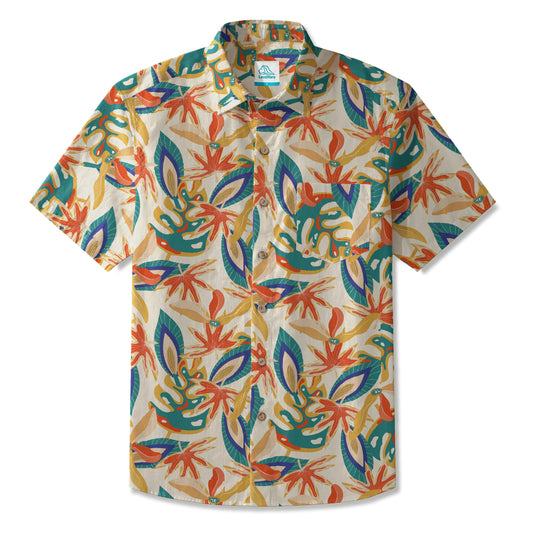 LeosWare® Men's Hawaiian Shirt Short Sleeve Button-up 100% Cotton Red Aloha Bohemian Jungle