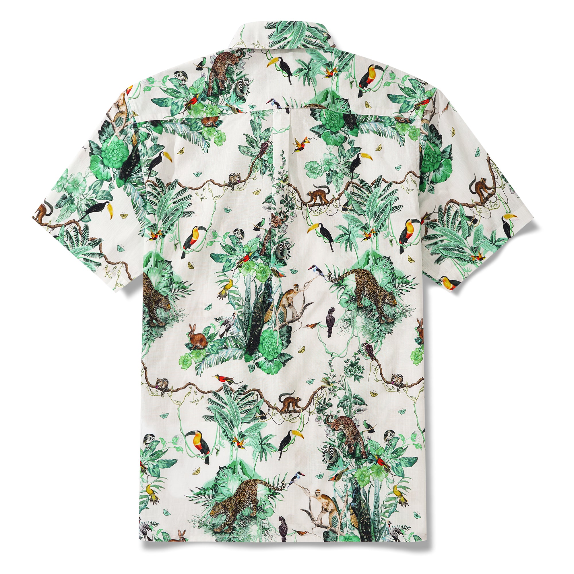 Chemise hawaïenne pour homme à manches courtes, boutonnée, 100 % coton, verte, Aloha, évasion tropicale dans la jungle.