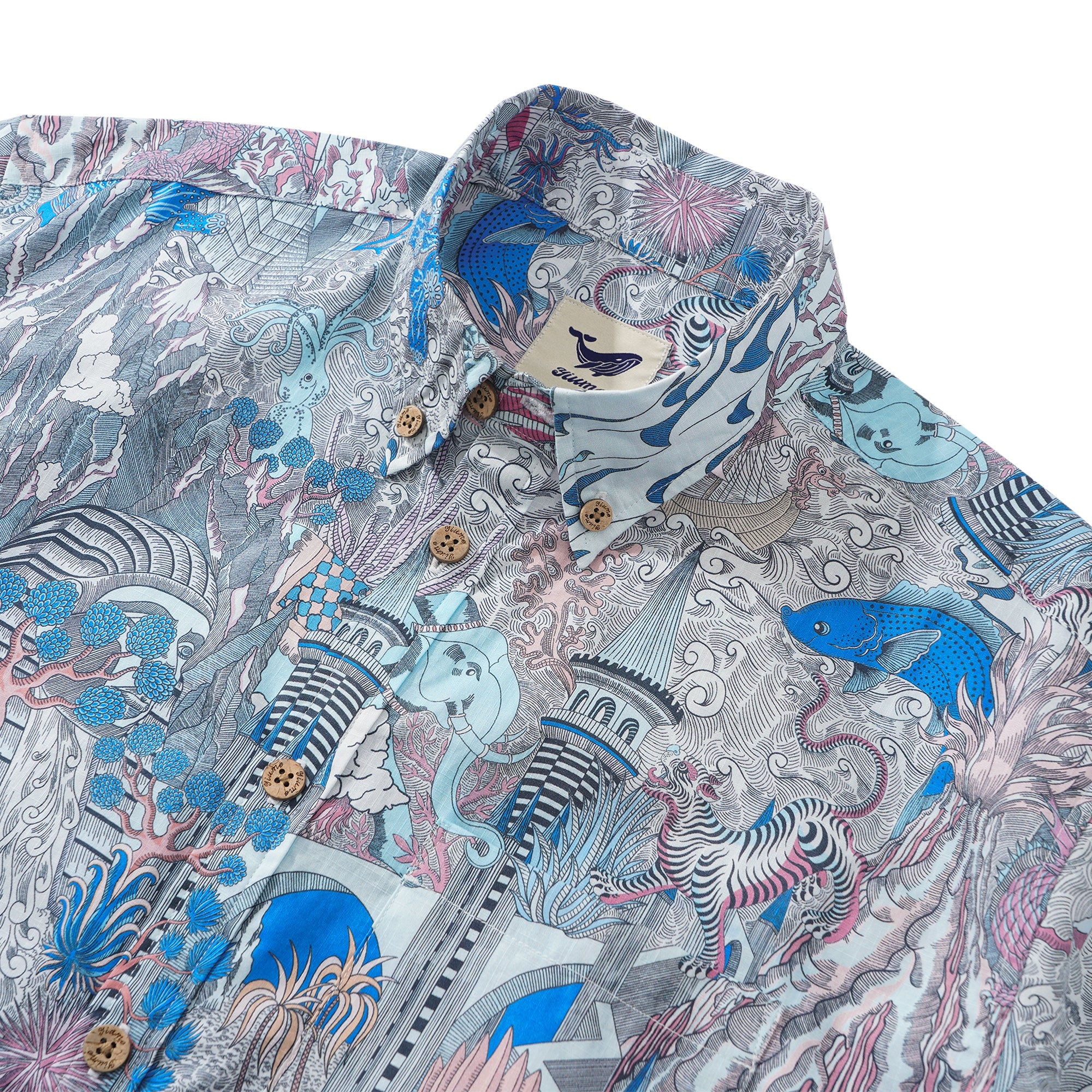 メンズアロハシャツ半袖ボタン100%コットンブルーAloha Cosmic Wonder