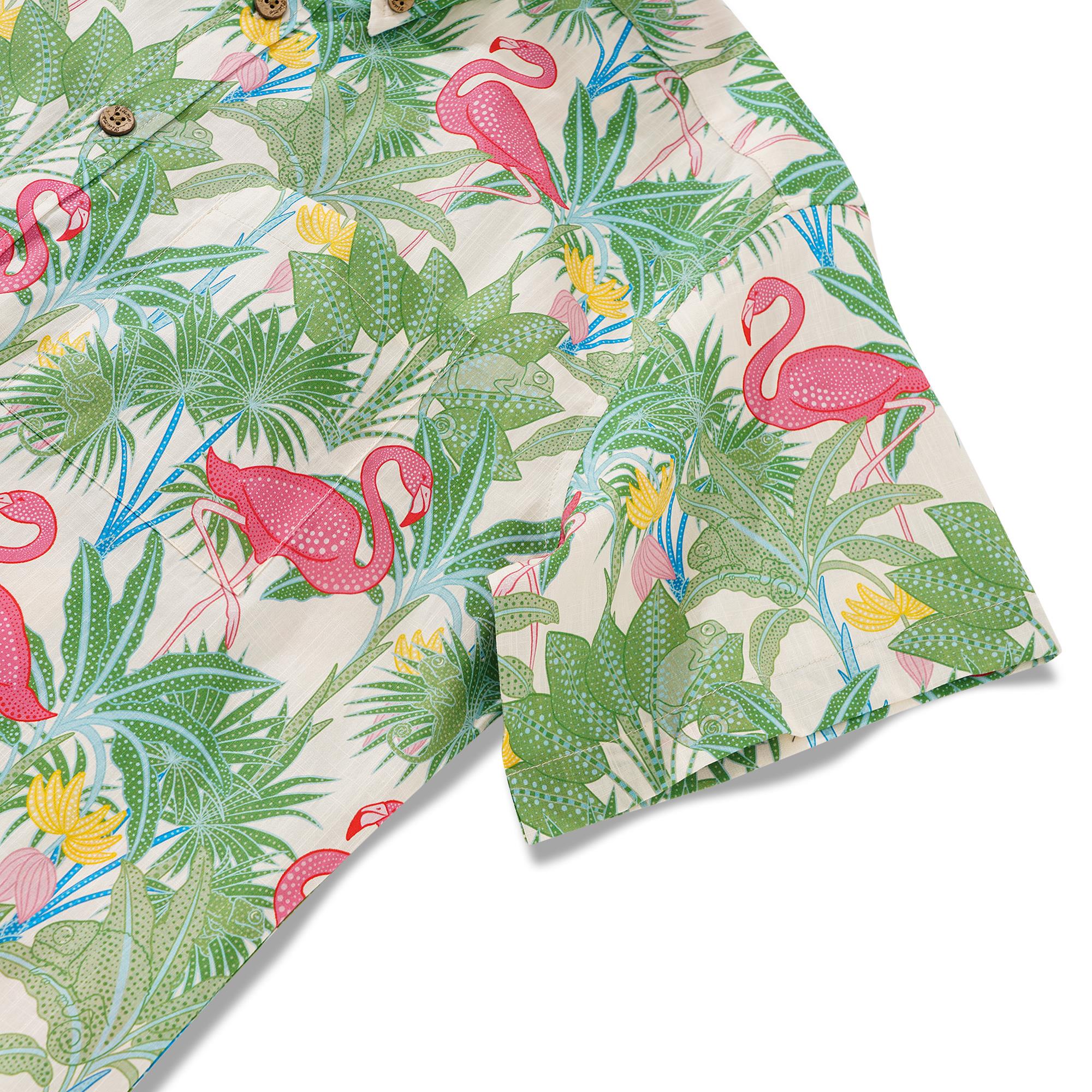 Herren-Hawaiian-Hemd Kurzärmel Button 100% Baumwolle Beige Aloha Flamingos & Chameleons von House of Haricot