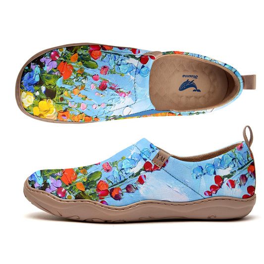 Women's Foldable Loafers,Blue Floral Oil Painting Women's Slip-On Sneakers,100% Cotton