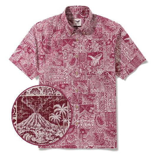 Men's Hawaiian shirt in burgundy red with Tiki design, short sleeve