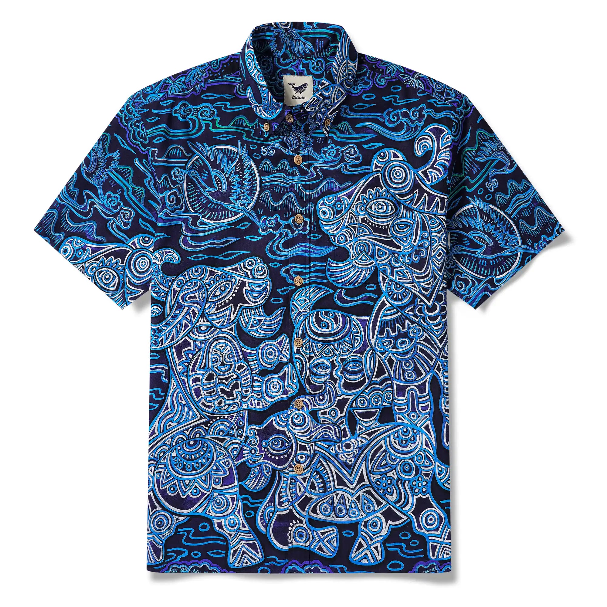 Men's Hawaiian Shirt Short Sleeve Button-down 100% Cotton Blue Aloha Azure Beast Illustration