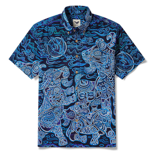 Men's Hawaiian Shirt Short Sleeve Button-down 100% Cotton Blue Aloha Azure Beast Illustration