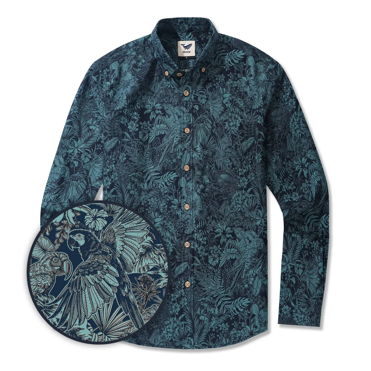 Men's Hawaiian Shirt Long Sleeve Button-down 100% Cotton Green Aloha Tropical Jungle Charm