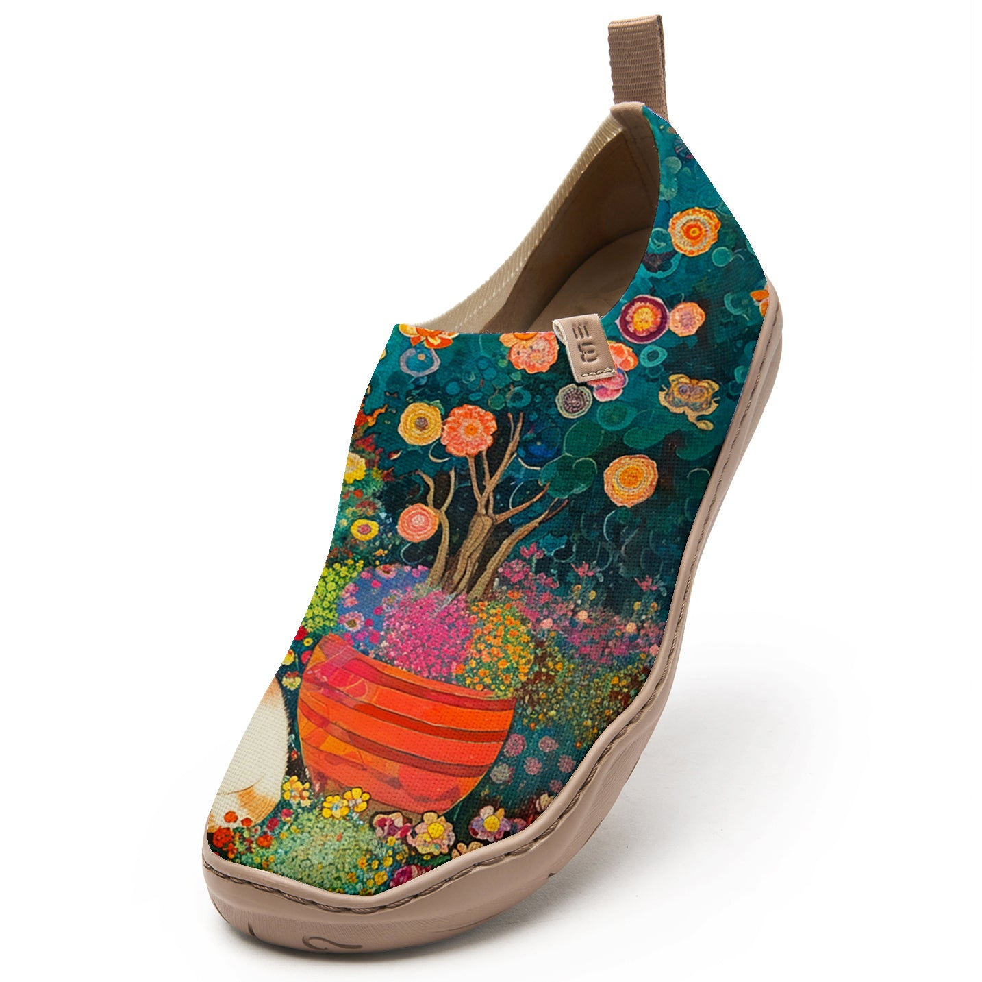 Yiume Frauenkunst Slip-on-Schuhe bequeme atmungsaktive Strick-Freizeitschuhe, schnurren Blütenblätter grüne Blume Kitty Meadow