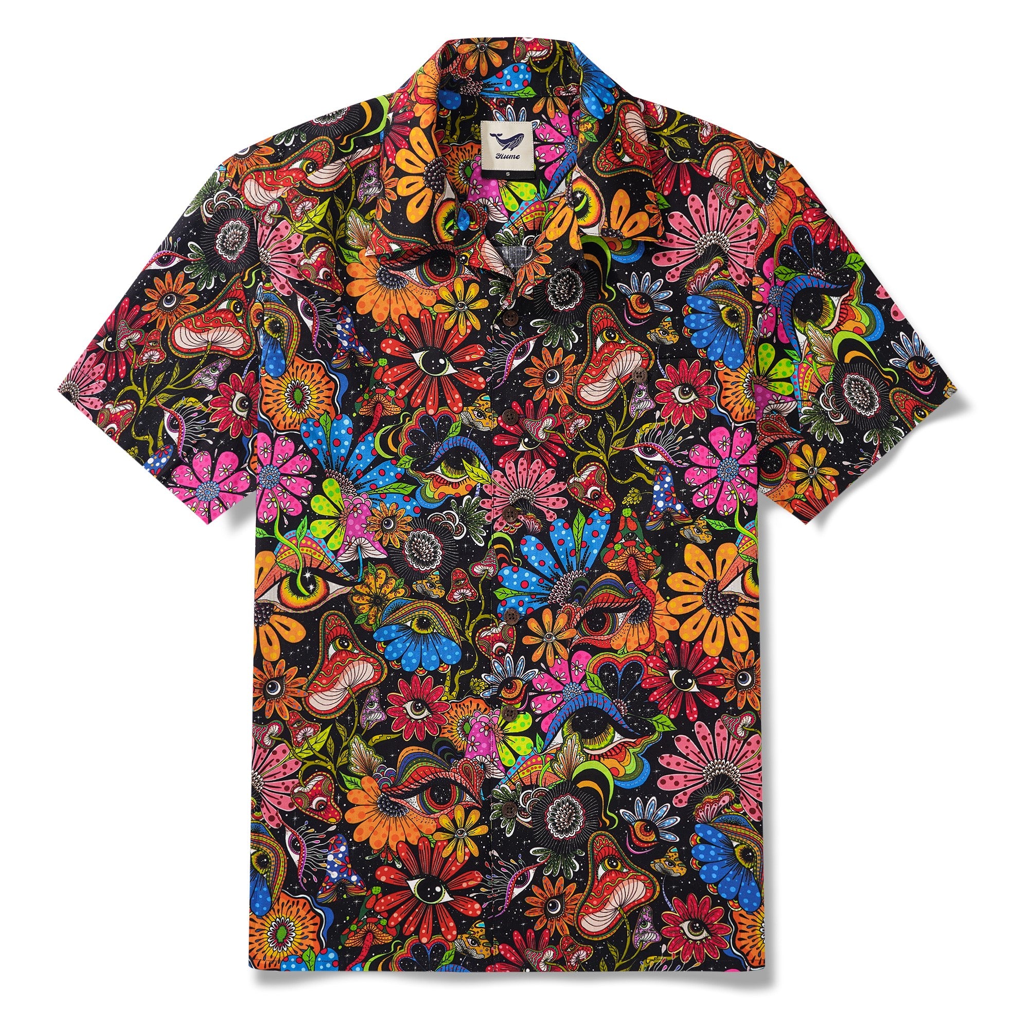 Men's Hawaiian Shirt Short Sleeve Camp Collar 100% Cotton Yellow Aloha Psychedelic Starry Hippie