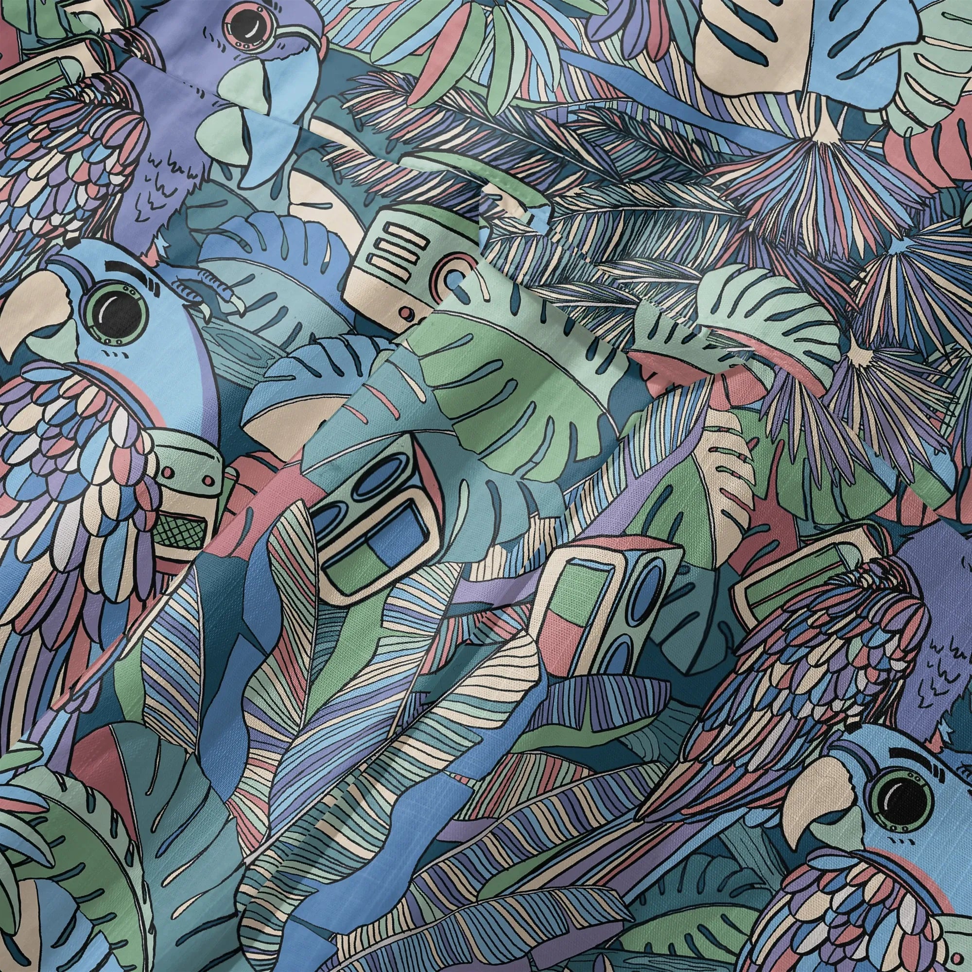 Blue art shirt with parrot design, breathable cotton