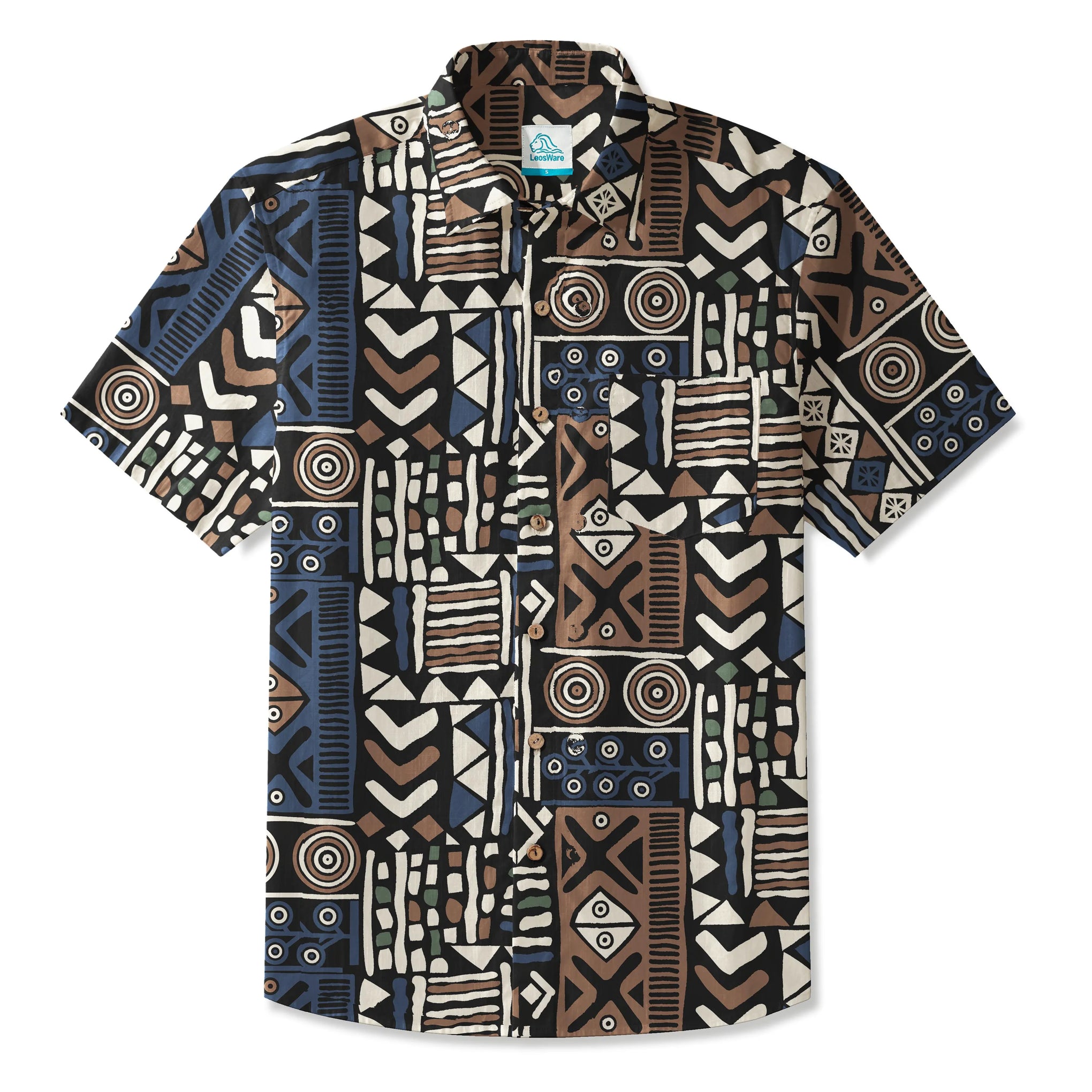 LeosWare® Men's Hawaiian Shirt Short Sleeve Button-up 100% Cotton Brown Aloha Elegant Cultural Geometric Art