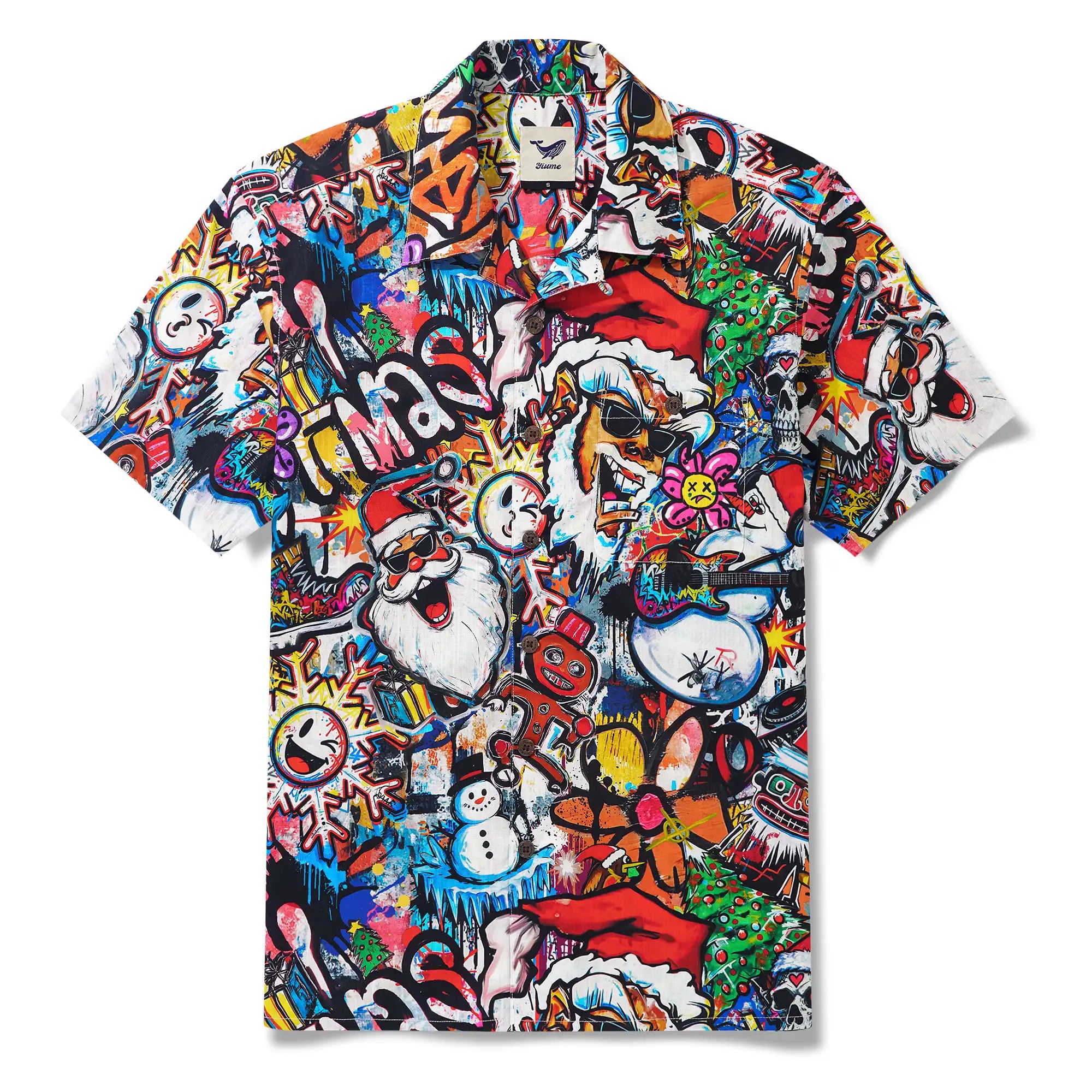 Men's Hawaiian Shirt Short Sleeve Camp Collar 100% Cotton White Aloha Laughing Santa Xmas Fiesta