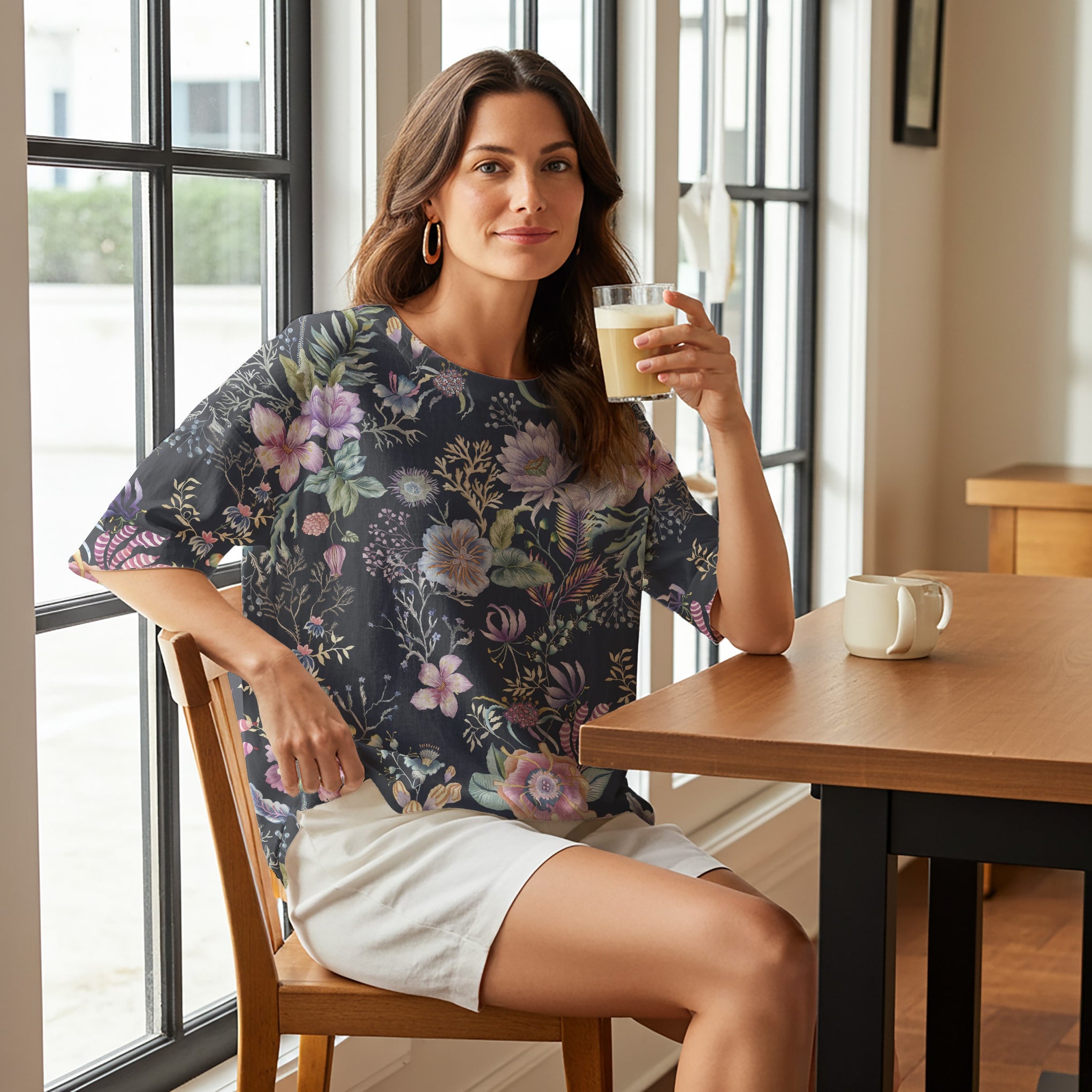 Women Casual Blouse 3/4 Sleeve Round Neck 95% Lyocell, 5% Linen Blue Aloha Night Blossom Dream