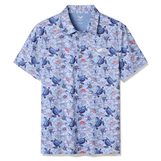 Men's Hawaiian A Sea Turtle's Odyssey Print Short Sleeve Polo Shirt A Sea Turtle's Odyssey Polo