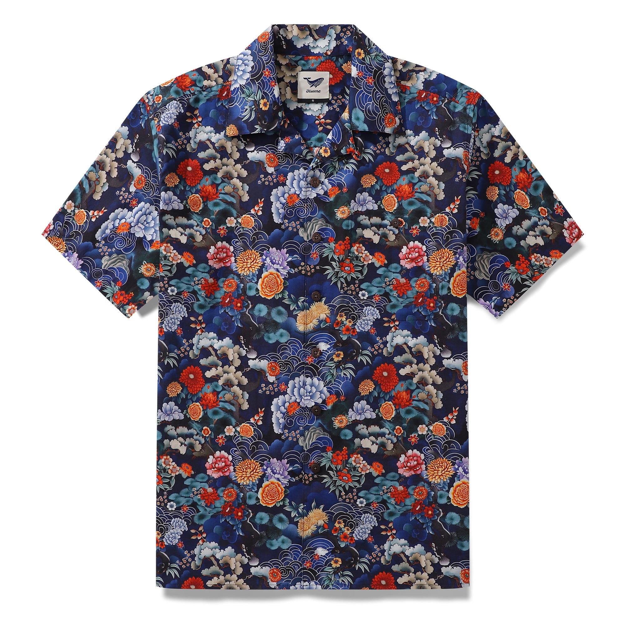 Chemise hawaïenne Ukiyo-e pour hommes, chemise à fleurs orientales, col camp, 100 % coton