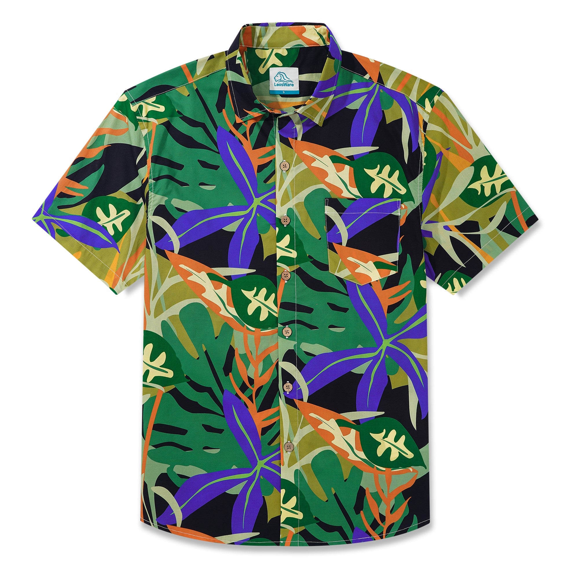 LeosWare® Men's Hawaiian Shirt Short Sleeve Button-up 100% Cotton Green Aloha Colorful Tropical Plant Leaf Art