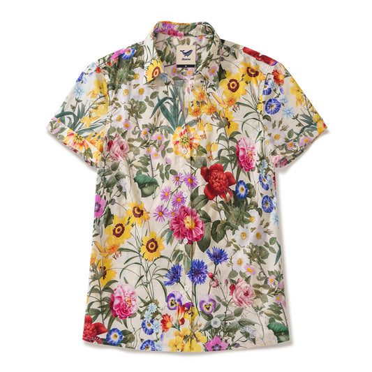 Beauté Florale Ensoleillée Chemise à Manches Courtes V-neck 100% Coton Femme Jaune Aloha Hawaïenne