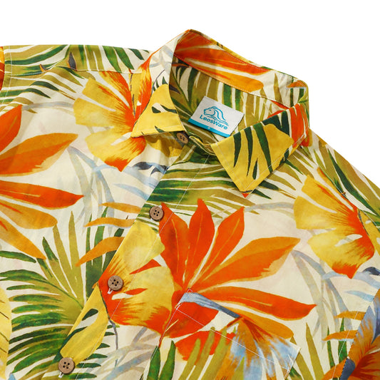 LeosWare® Men's Hawaiian Shirt Short Sleeve Button-up 100% Cotton Yellow Aloha Fiery Tropical Leaf Fantasia