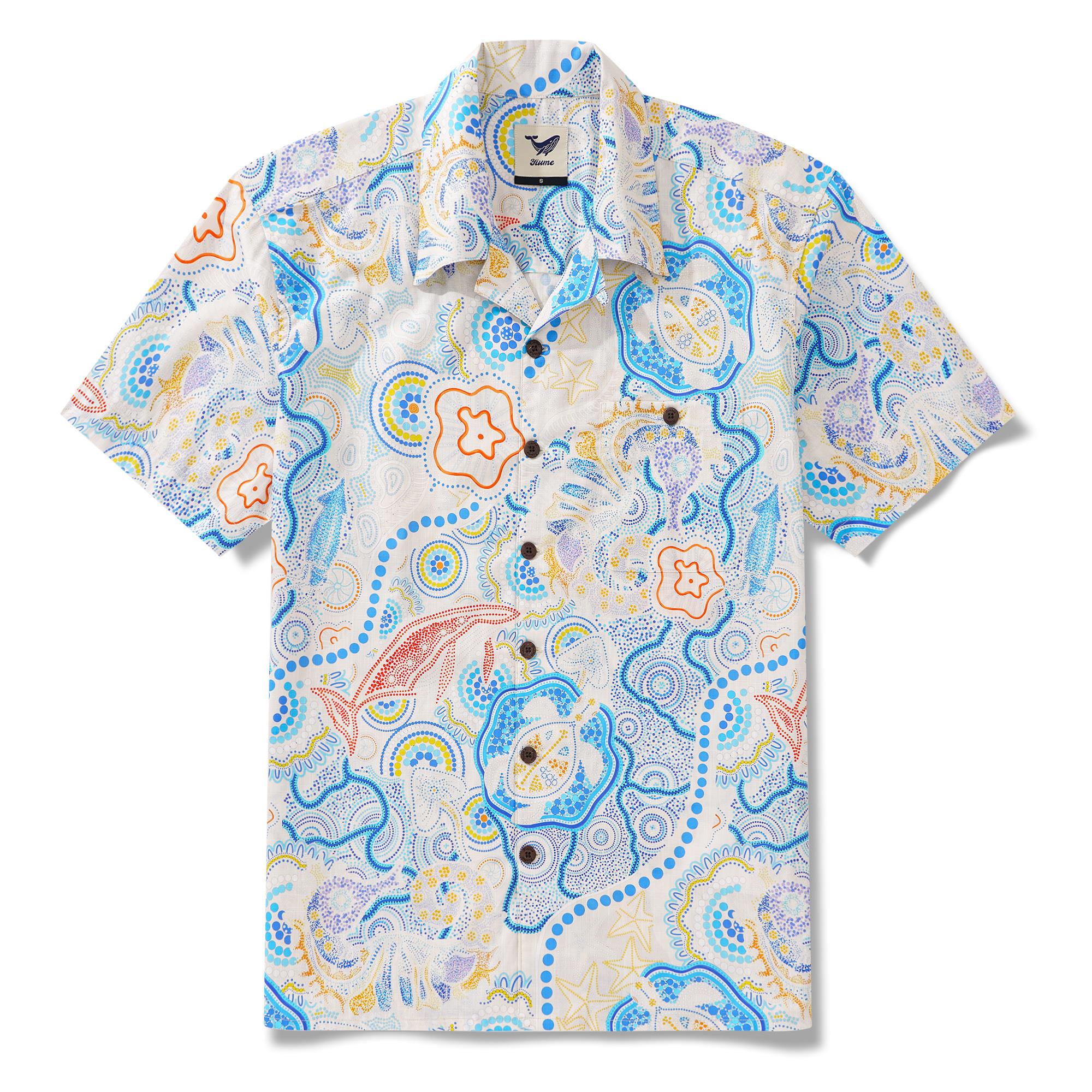 Herren -Hawaii -Hemd Kurzarm Camp Halsharmino 100% Baumwolle blau Aloha Sunny Summer Seas