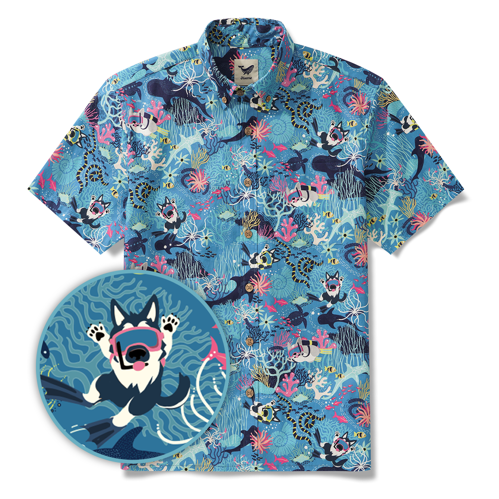 Chemise hawaïenne bleue masculine Fish & Turtle chemise à manches courtes à manches courtes 100% coton bleu aloha plongée chiot