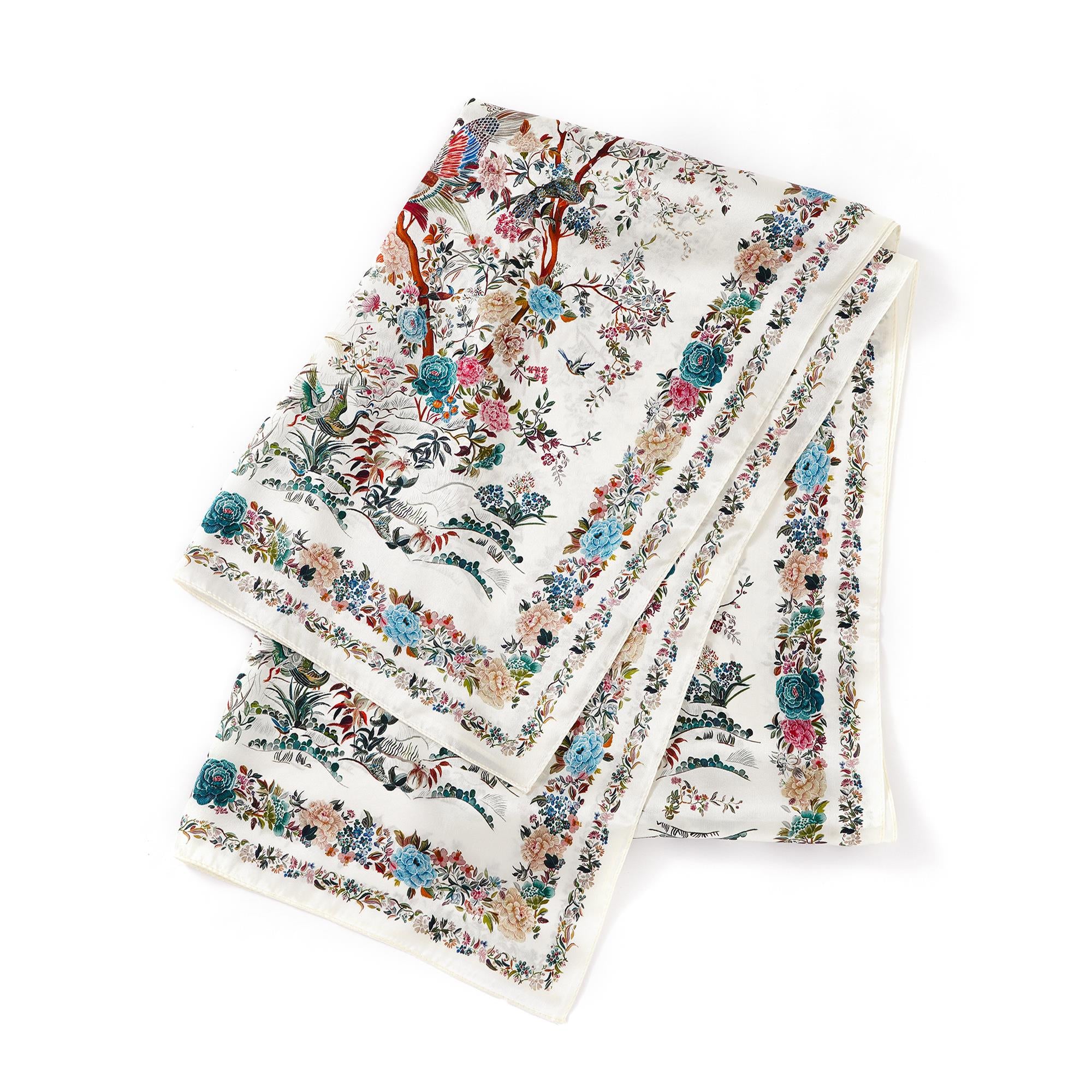 Blumenförmiger, rechteckiger Schal aus 100% Maulbeerseide - Frühlingsrausch