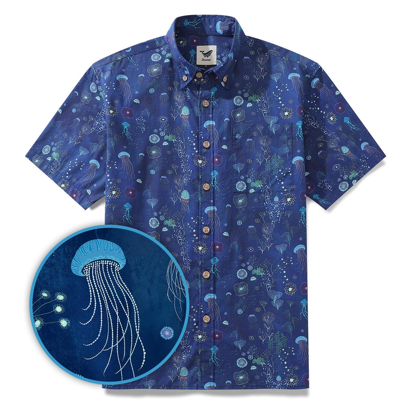 Men's Deep Blue Hawaiian Shirt 100% Cotton Button-down Short Sleeve Jellyfish Aloha Shirt