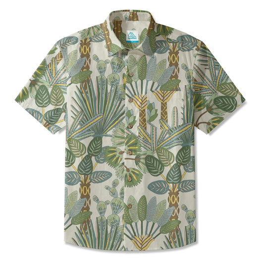 LeosWare® Men's Hawaiian Shirt Short Sleeve Button-up 100% Cotton Green Aloha Tropical Jungle Paradise