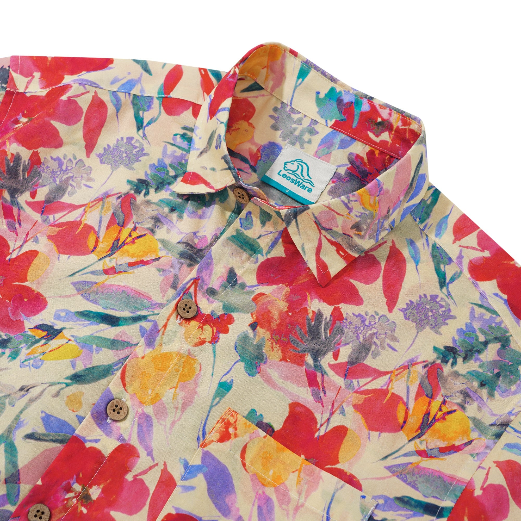 LeosWare® Men's Hawaiian Shirt Short Sleeve Button-up 100% Cotton Red Aloha Spring Floral Illustration