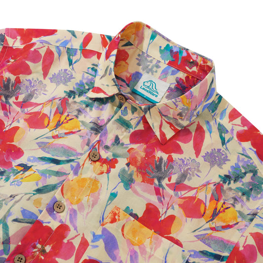 LeosWare® Men's Hawaiian Shirt Short Sleeve Button-up 100% Cotton Red Aloha Spring Floral Illustration