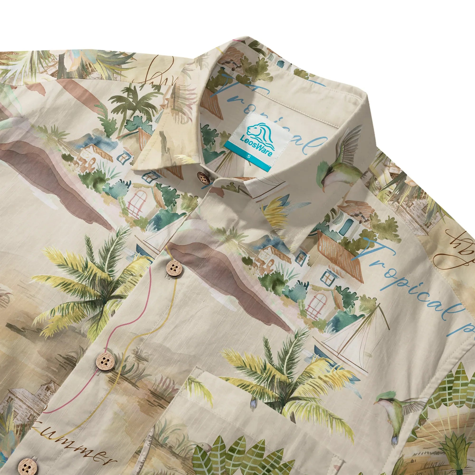 Green aloha shirt with flamingos and palm trees
