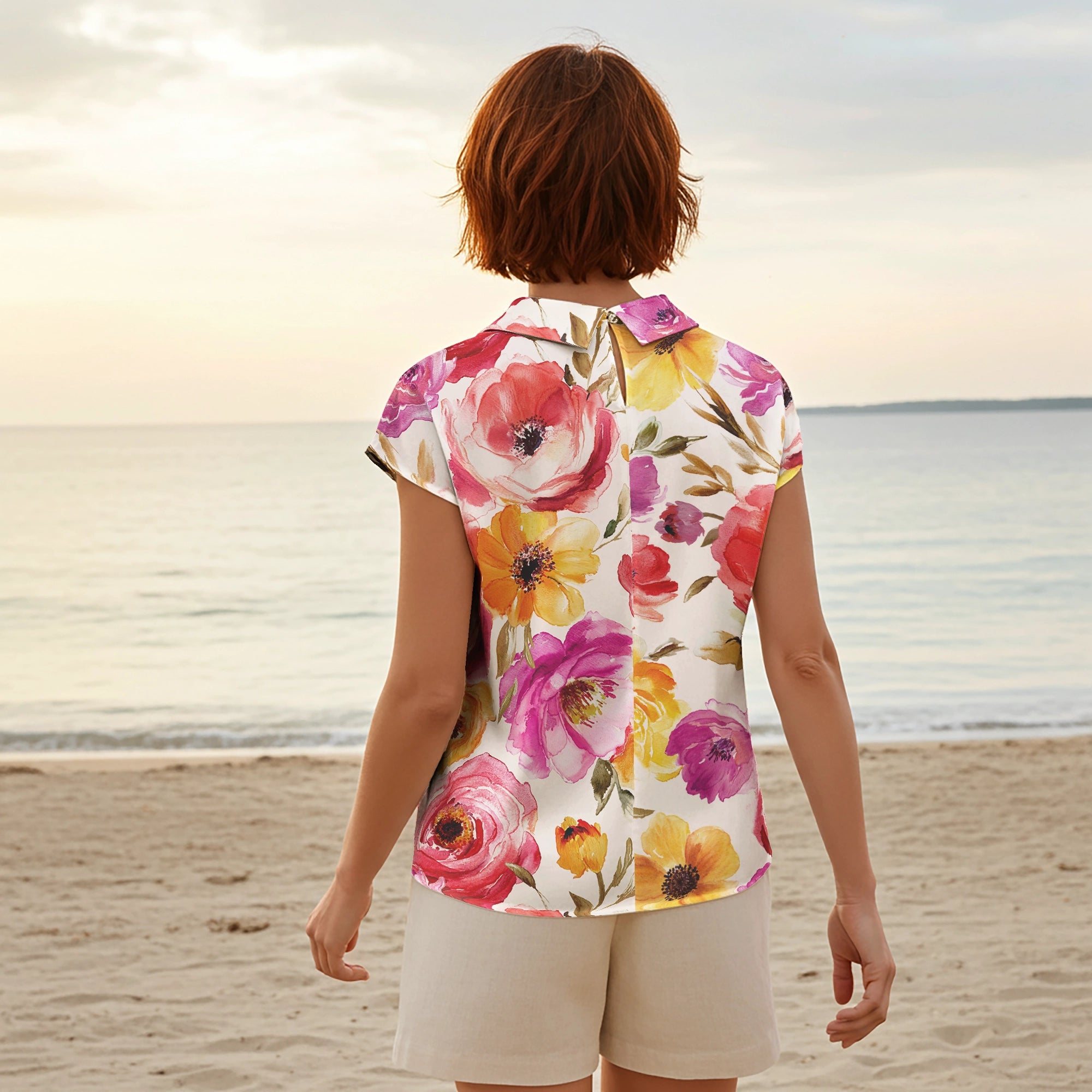 Women Casual Blouse Cap Sleeve Fold-Over Neck Button-Back 100% Lyocell Aloha Blossoming Charm In Full Bloom