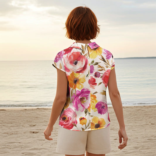 Women Casual Blouse Cap Sleeve Fold-Over Neck Button-Back 100% Lyocell Aloha Blossoming Charm In Full Bloom