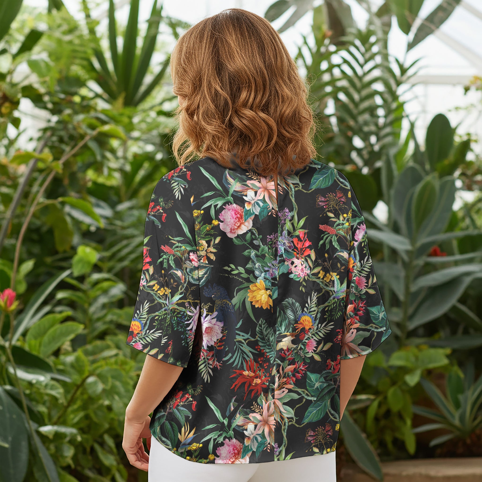 Women Casual Blouse Elbow Sleeves Round Neck Button-Back 100% Lyocell Black Aloha Tropical Midnight Charm